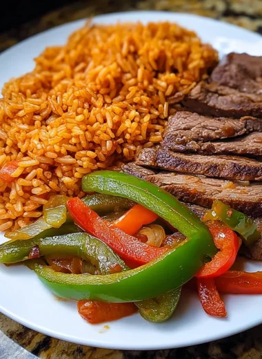 Delicious Steak Fajita Plate With Seasoned Rice Recipe