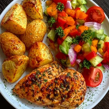 Easy Garlic Herb Chicken Breast Recipe with Roasted Potatoes and Fresh Garden Salad