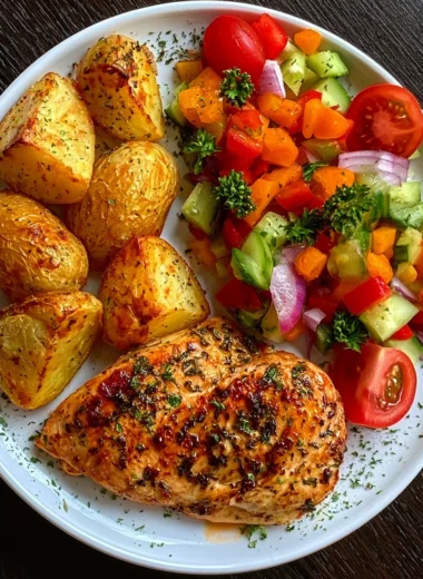 Easy Garlic Herb Chicken Breast Recipe with Roasted Potatoes and Fresh Garden Salad