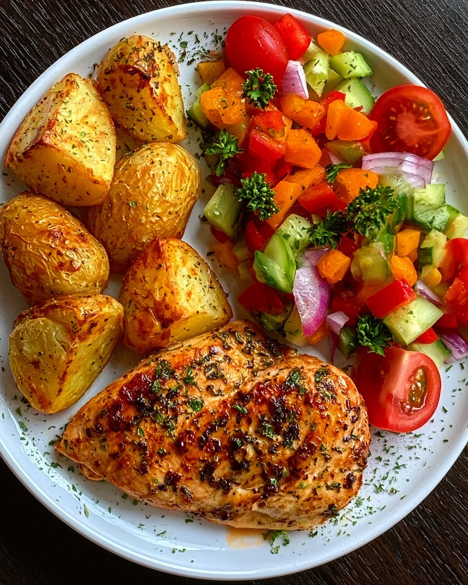 Easy Garlic Herb Chicken Breast Recipe with Roasted Potatoes and Fresh Garden Salad