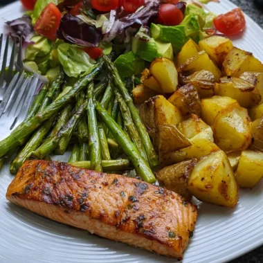 Garlic Herb Salmon Recipe with Roasted Potatoes and Avocado Salad