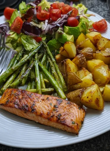 Garlic Herb Salmon Recipe with Roasted Potatoes and Avocado Salad