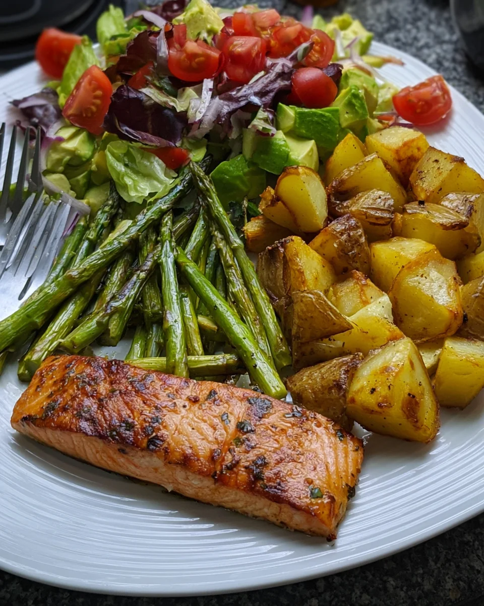 Garlic Herb Salmon Recipe with Roasted Potatoes and Avocado Salad