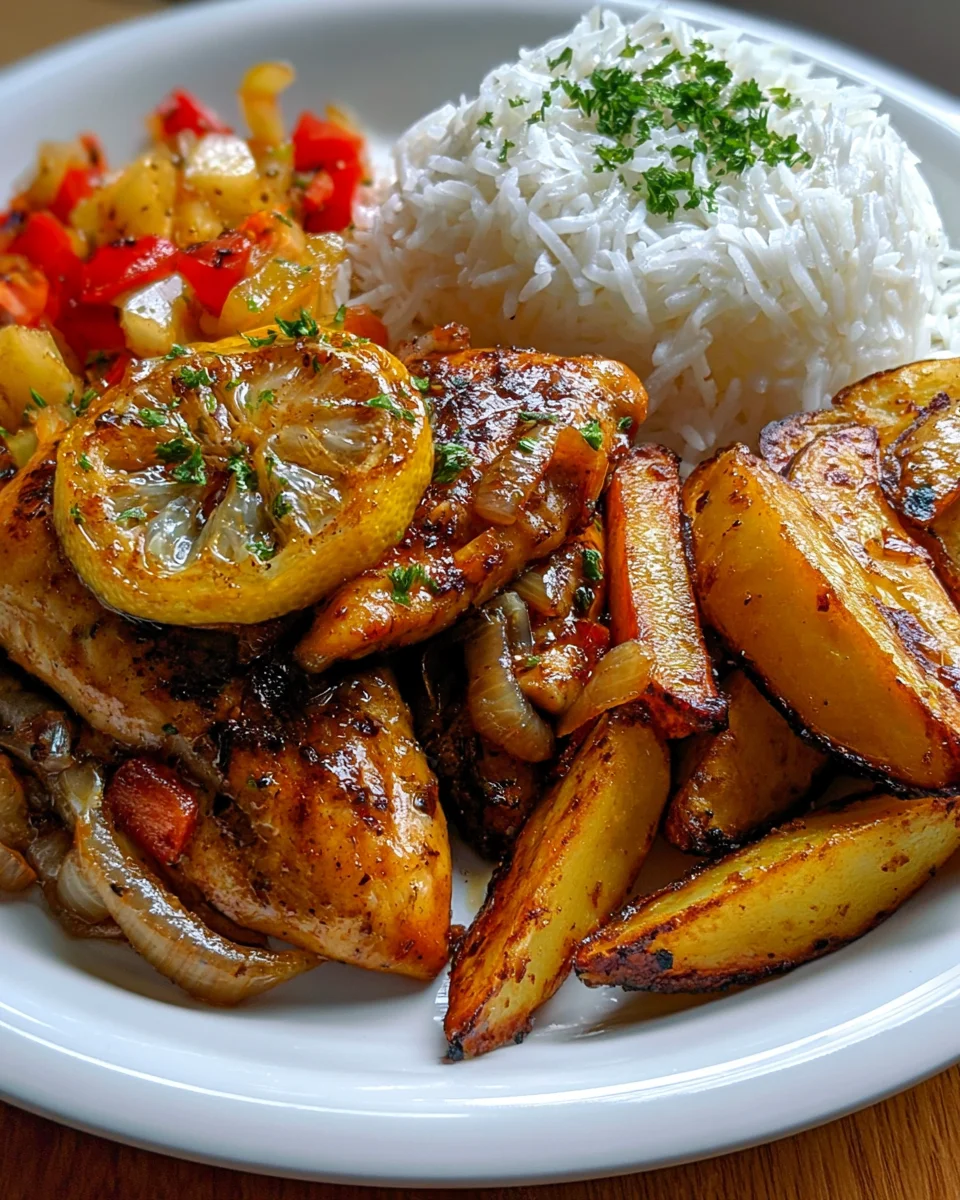 Ultimate Lemon-Garlic Chicken Recipe with Rice and Crispy Potato Wedges