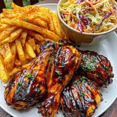 Ultimate Sticky BBQ Chicken Drumsticks Recipe with Paprika Fries and Creamy Coleslaw