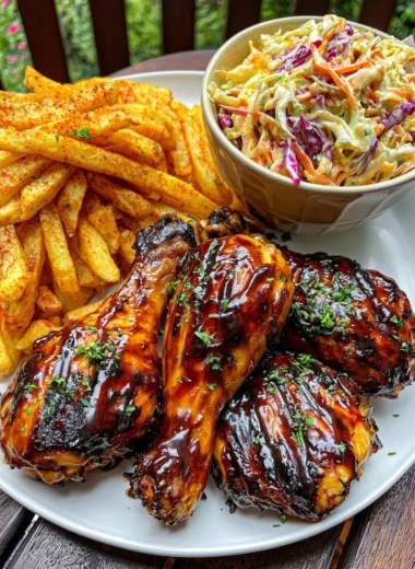 Ultimate Sticky BBQ Chicken Drumsticks Recipe with Paprika Fries and Creamy Coleslaw