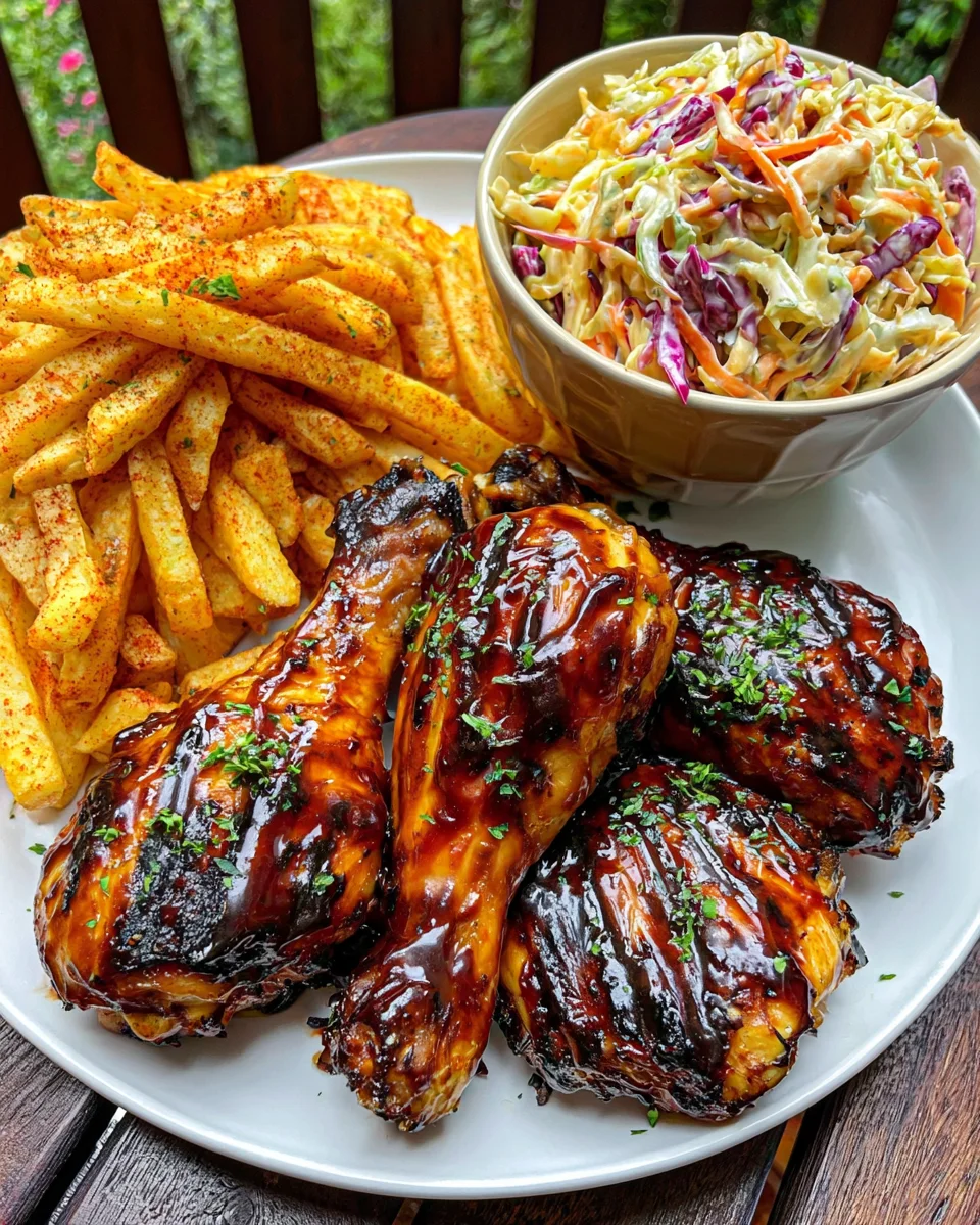 Ultimate Sticky BBQ Chicken Drumsticks Recipe with Paprika Fries and Creamy Coleslaw