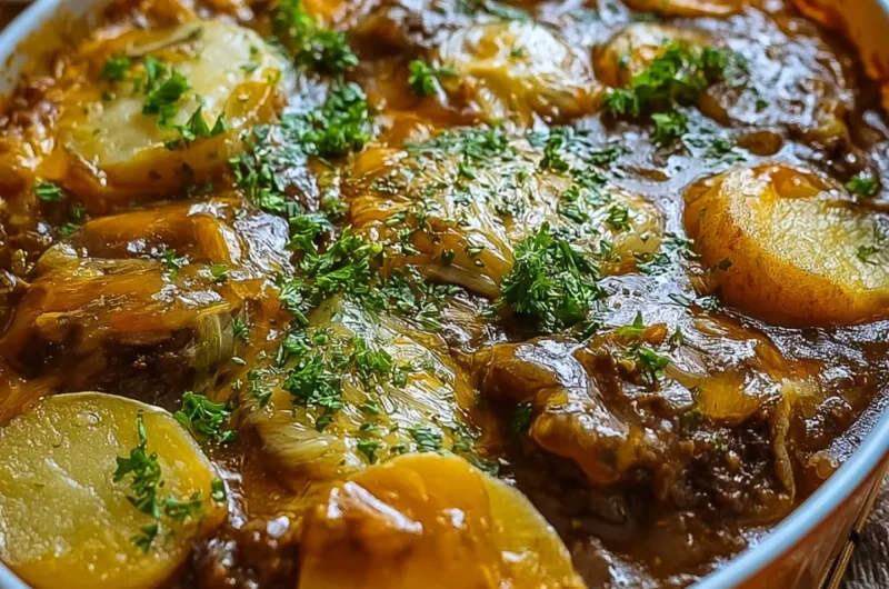 Easy Amish Hamburger Steak Bake Recipe with Potatoes and Gravy