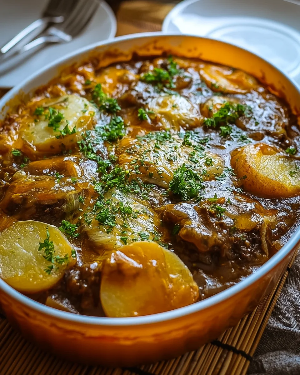 Easy Amish Hamburger Steak Bake Recipe with Potatoes and Gravy